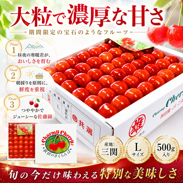 味にこだわり！秋田県産さくらんぼ♪佐藤錦,チャーミーチェリー