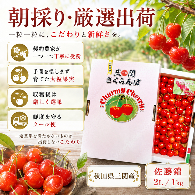 秋田県三関産さくらんぼ佐藤錦1kg 2Lサイズ｜JAこまちチャーミー