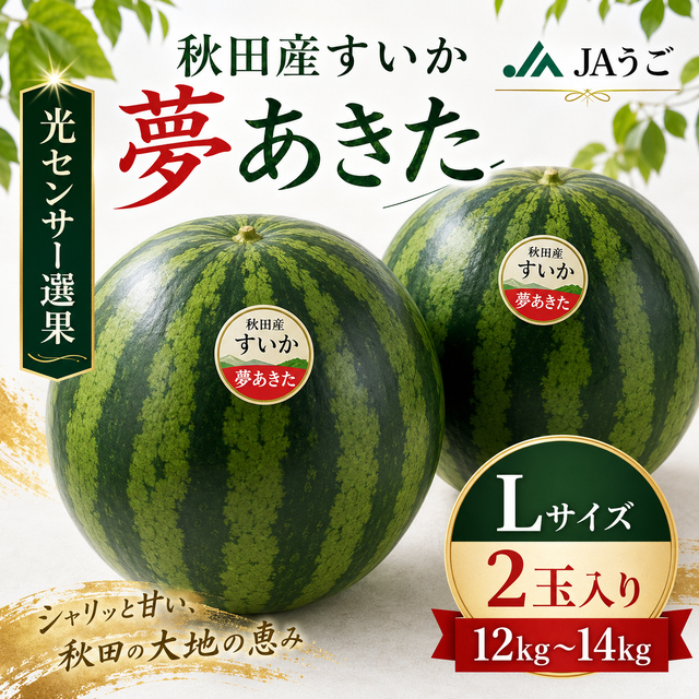 秋田県羽後町産 光センサー夢あきたすいか Lサイズ 2玉入り 12kg&