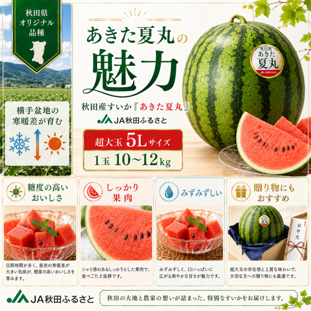 秋田県産すいか あきた夏丸 超大玉5L 1玉10〜12kg JA秋田