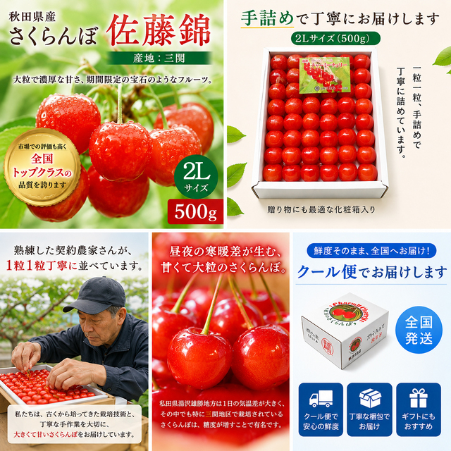 秋田県三関産さくらんぼ 佐藤錦 500g 大粒2Lサイズ 手詰め｜JAこまち