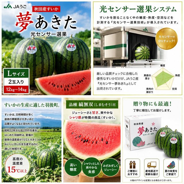 秋田県羽後町産 光センサー夢あきたすいか Lサイズ 2玉入り 12kg&