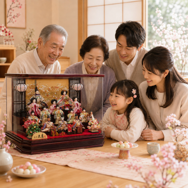雛人形 久月 ケース飾り 小芥子 十五人飾り アクリルケース 幅62cm