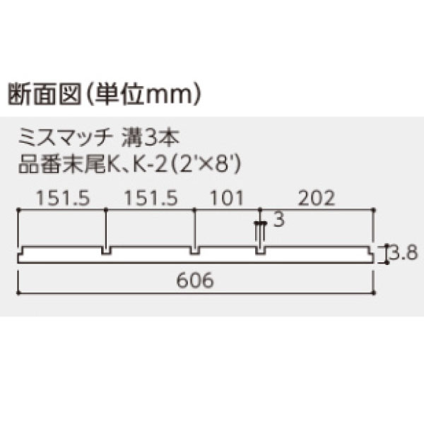 壁用プリント合板　ネオウッド　断面図　ミスマッチ　溝3本