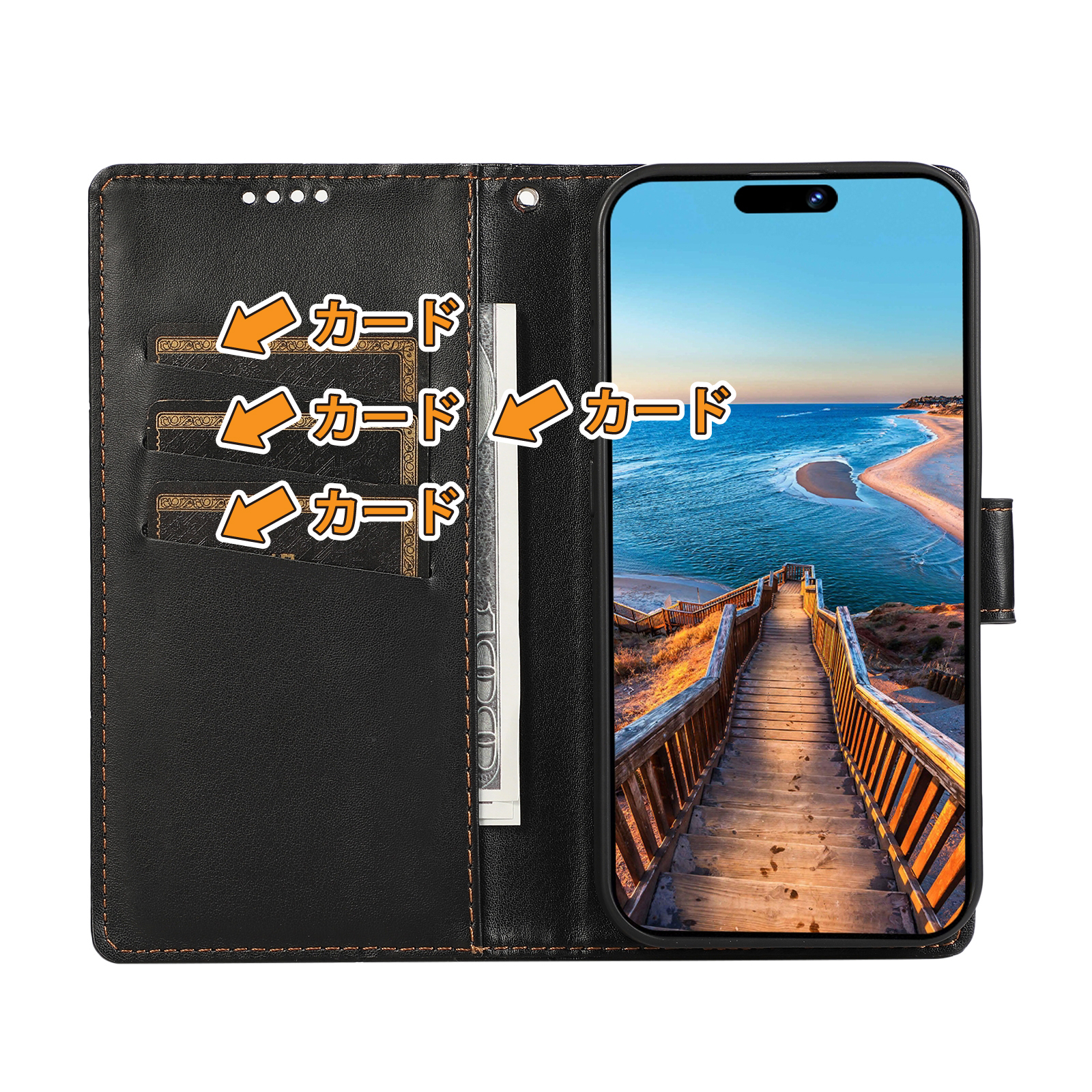 スマホケース iPhone15Pro用手帳型ケース カードスロット縦3枚 横1枚 オーバルマルチメディア