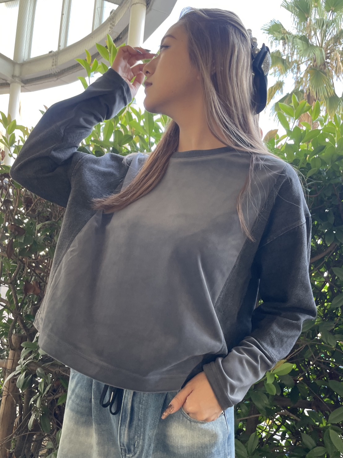 COOKJEANS クックジーンズ ベロア デニム コンビクルー(Unisex/ユニセックス)