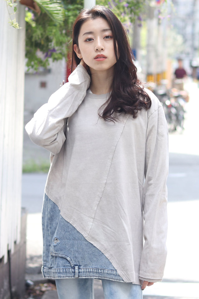裾 アシメトリー デニム切替 長袖 Tシャツ レディース