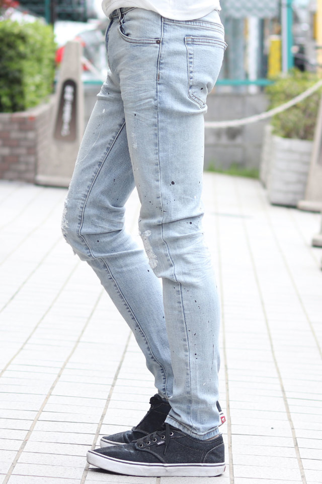デニム パンツ ストレッチ スキニー パンツ 細い ブルー メンズ ...