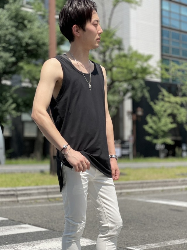 メンズ タンクトップ サイドスリット 袖なし カジュアル J00145 タンクトップ ボックスシルエットレイヤードサイドスリット