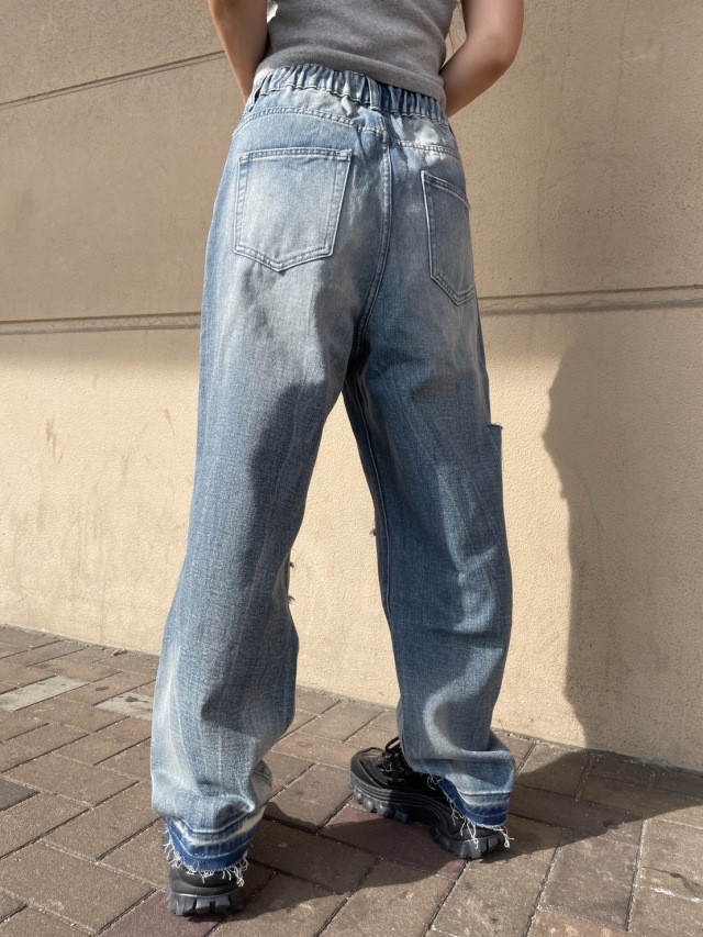 COOKJEANS クックジーンズ クラッシュ デニム ワイド パンツ