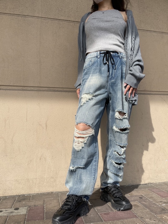 ジーンズ クラッシュデニム ワイドパンツ ヒップホップ系 a1524 COOKJEANS クックジーンズ クラッシュ デニム ワイド パンツ