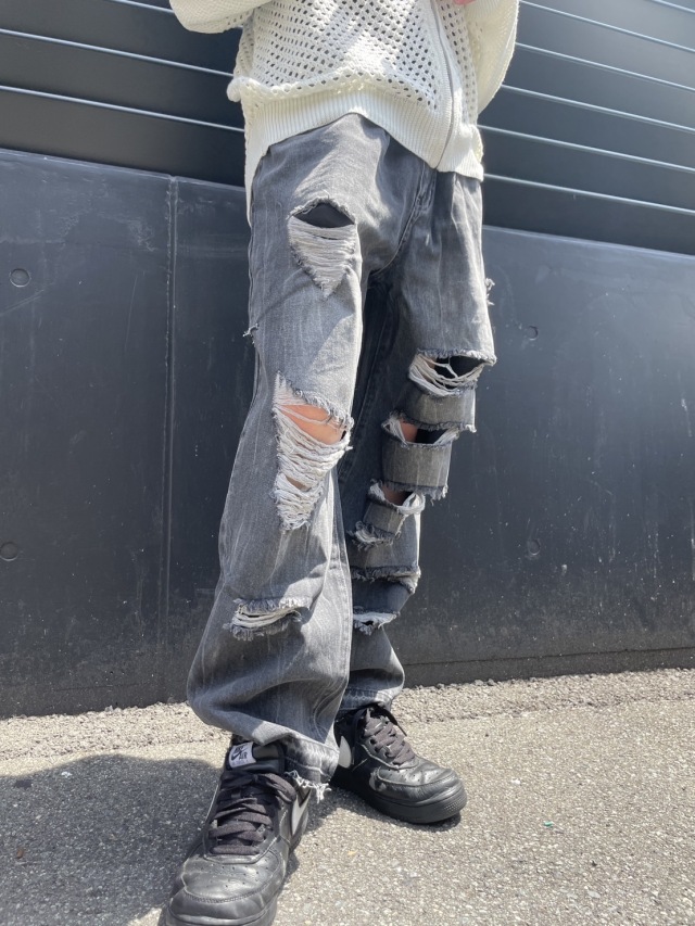 COOKJEANS クックジーンズ クラッシュ デニム ワイド パンツ