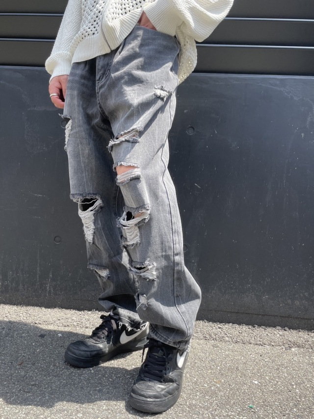 クラッシュ デニム ワイドパンツ ユニセックス ダメージ cr0364 XU（エックスユー）の「【XU/エックスユー】damage wide denim