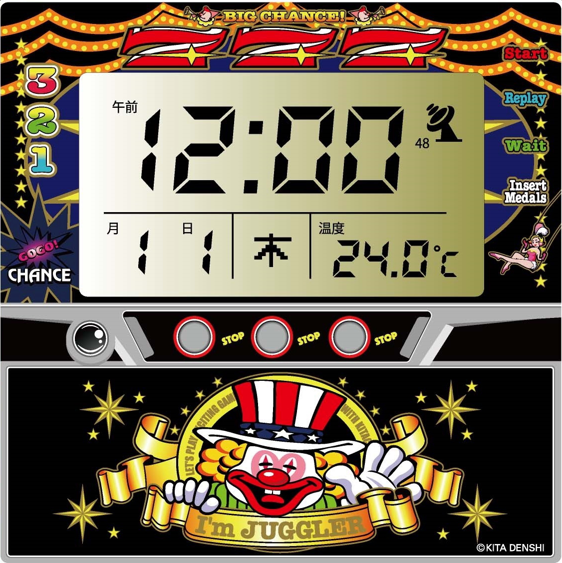 ジャグラー 電波クロック ブラック  / 置き時計 黒 温度計 カレンダー アラーム パチスロ スロット キャラクター グッズ