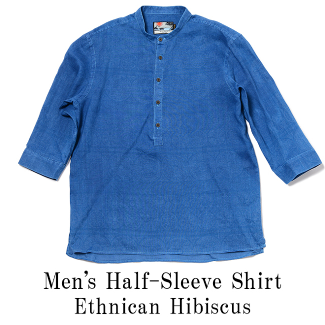 Paikaji アロハシャツ 琉球藍染 メンズ7分袖プルオーバーシャツ Ethnican Hibiscus