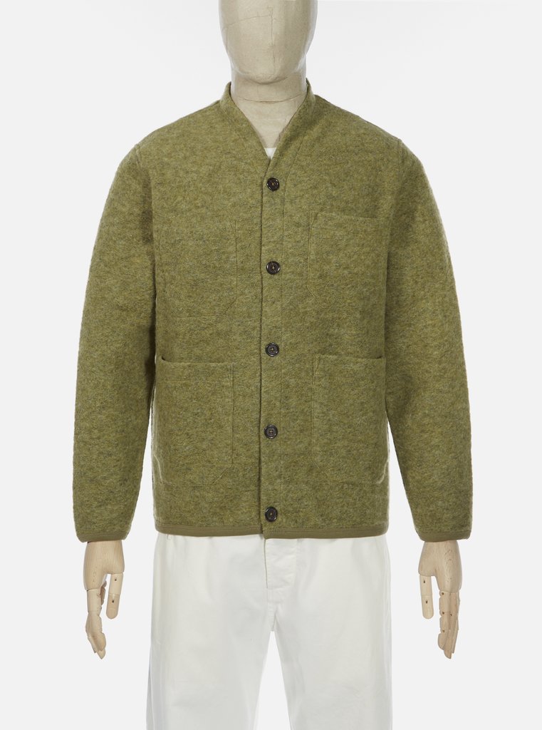 Universal Works ユニバーサルワークス Cardigan In Light Olive Wool Fleece
