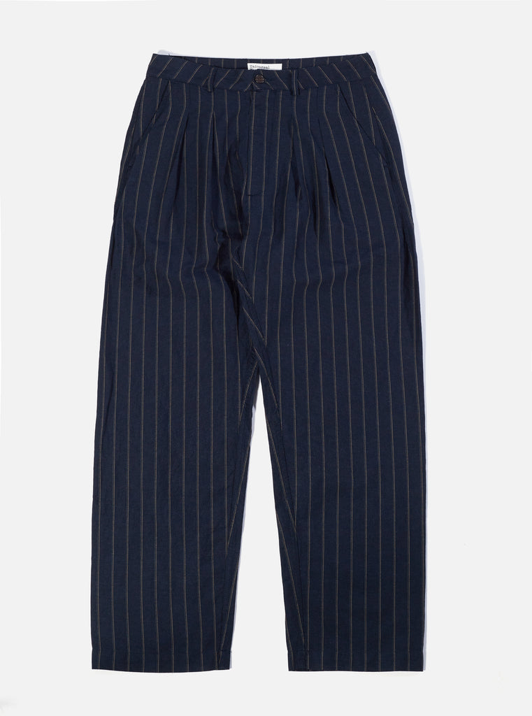 ユニバーサルワークス Universal Works Double Pleat Pant In Navy Cotton-Linen Stripe