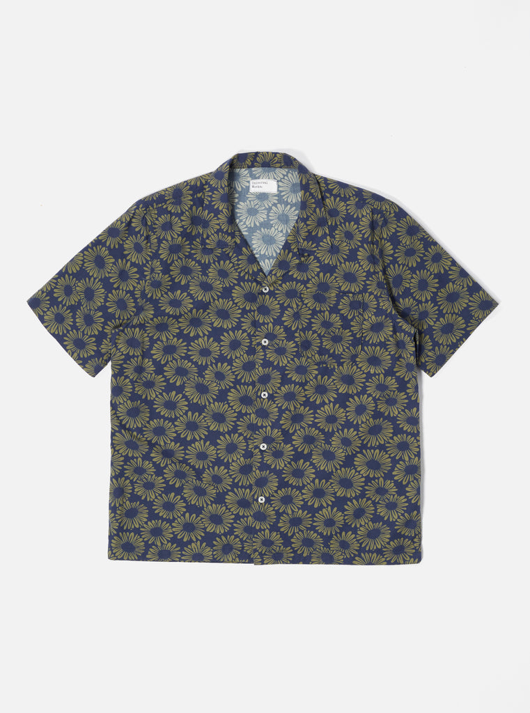 Universal Works ユニバーサルワークス Road Shirt In Navy Sunflower Organic Cotton