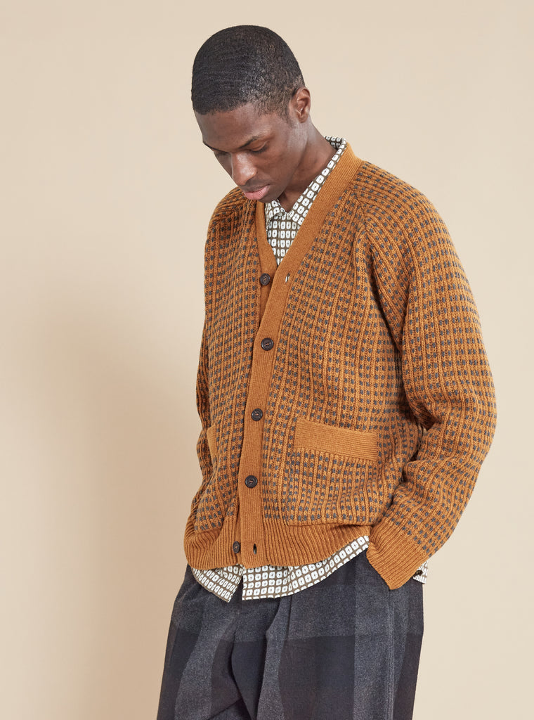 Universal Works ユニバーサルワークス Vince Cardigan In Cumin/Grey Italian Wool