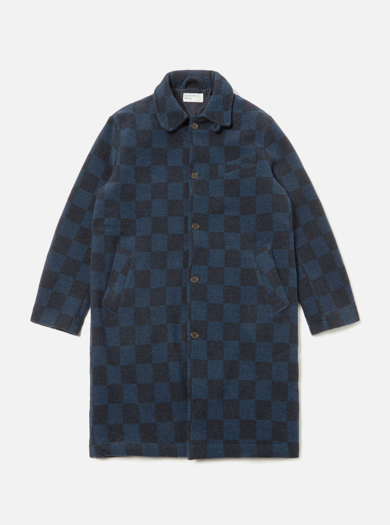 Universal Works ユニバーサルワークス Overcoat In Navy Checkerboard Lambswool
