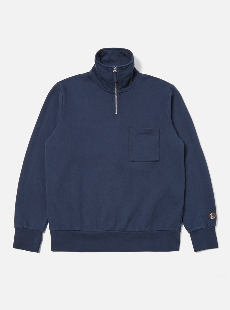 Universal Works ユニバーサルワークス Half Zip Sweatshirt In Navy Dry Handle Brushback