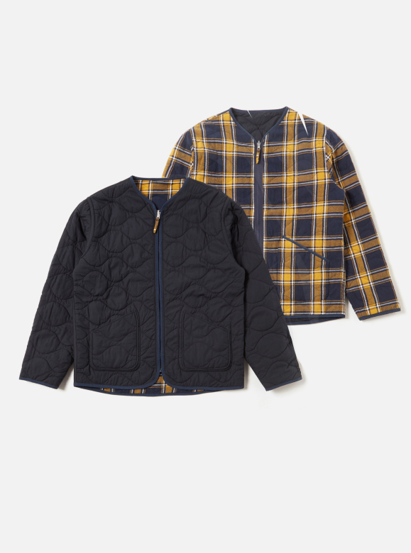 Universal Works ユニバーサルワークス Reversible Military Liner Jacket in Yellow/Navy Twill Check Tartan