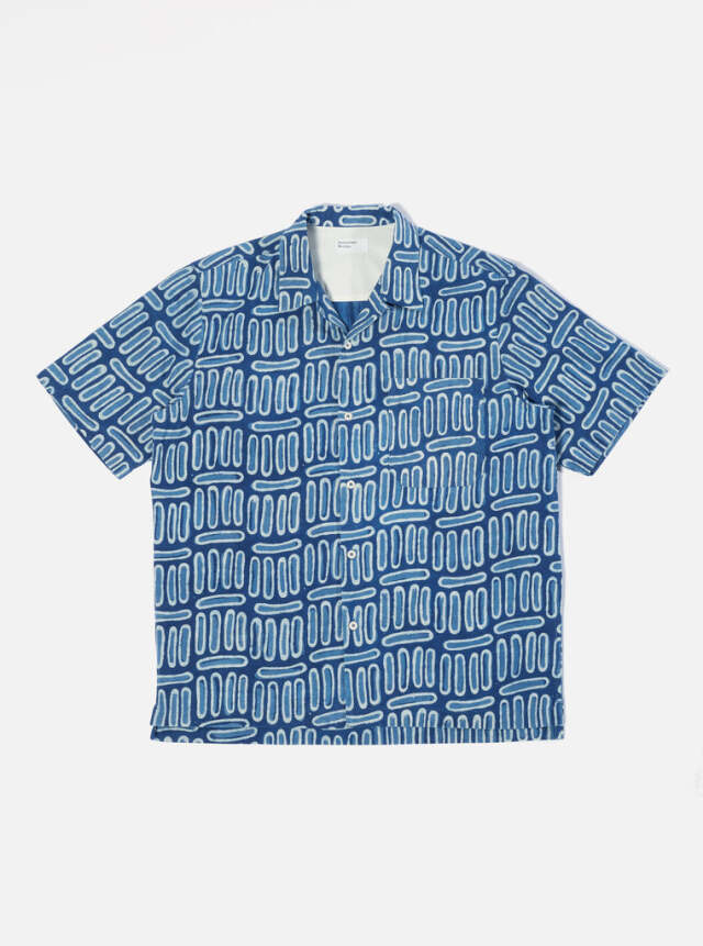 Universal Works ユニバーサルワークス Camp Shirt In Indigo Hand Block Print