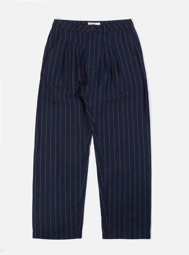 ユニバーサルワークス Universal Works Double Pleat Pant In Navy Cotton-Linen Stripe