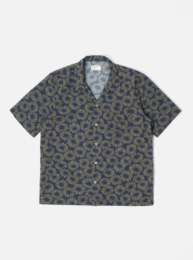 Universal Works ユニバーサルワークス Road Shirt In Navy Sunflower Organic Cotton