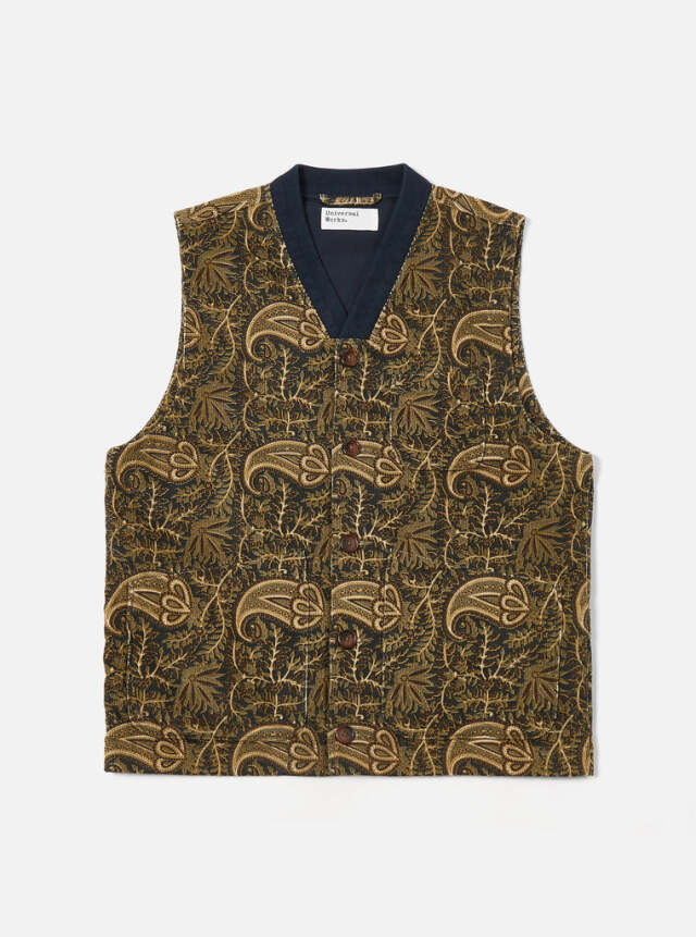 Universal Works ユニバーサルワークス Brixton Waistcoat In Navy Paisley Cord