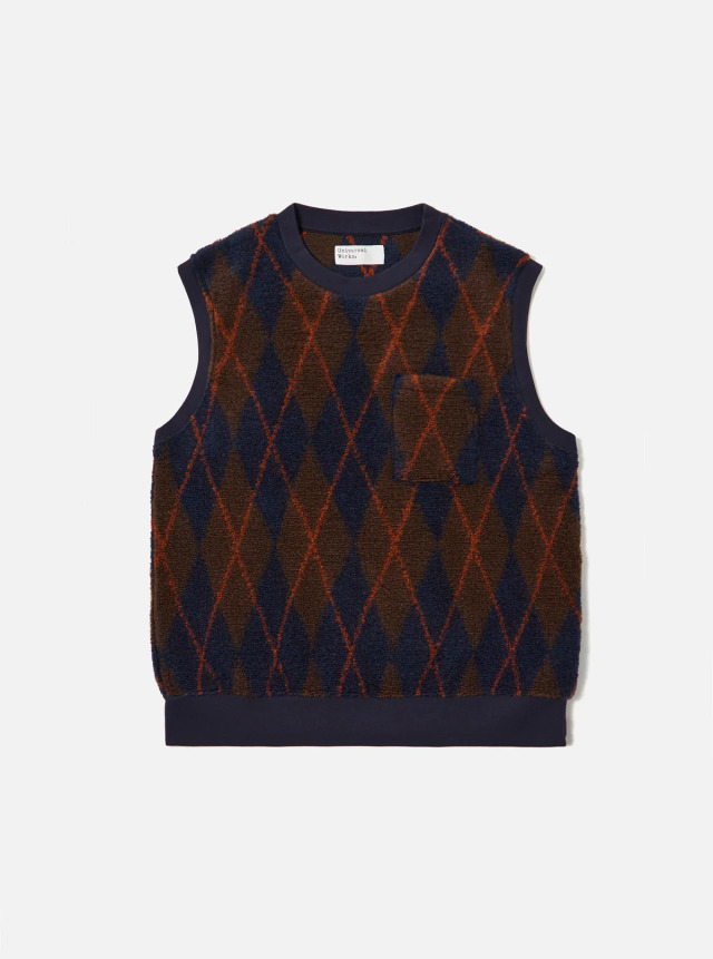 Universal Works ユニバーサルワークス Brown/Navy Argyll Fleece Sleeveless Crew
