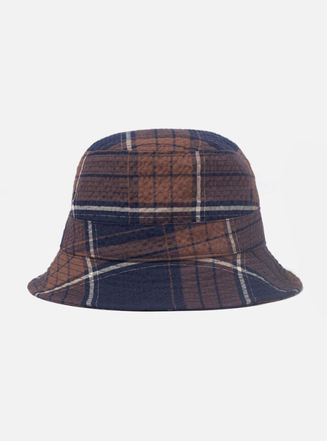 Universal Works ユニバーサルワークス Bucket Hat In Brown/Navy Check Seersucker