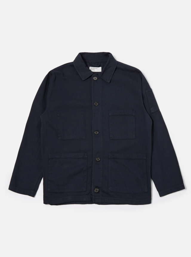 Universal Works ユニバーサルワークス Coverall Jacket in Dark Navy Herringbone Cotton