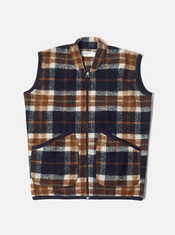 Universal Works ユニバーサルワークス British Check Fleece Brown Zip Waist Coat
