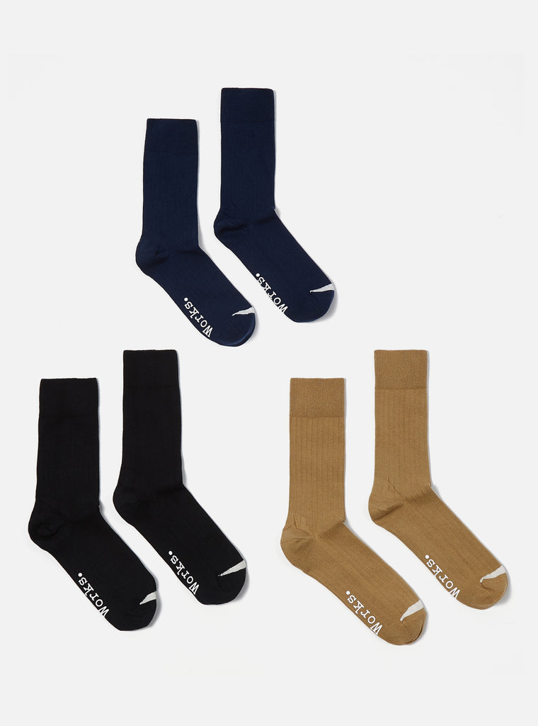 Universal Works ユニバーサルワークス 3 Pack Modal Sock In Black/Navy/Cumin Rib Knit