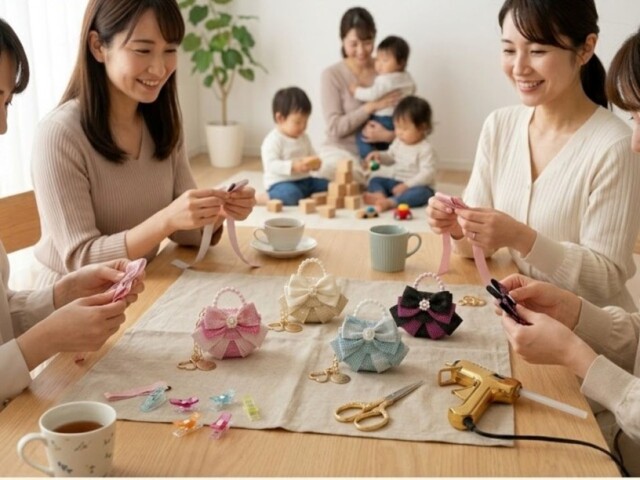 子連れのママ友会や支援センターでもみんなが笑顔になる、縫わないリボンクラフトサック・ミニョンのプチ教室提案メッセージボード。