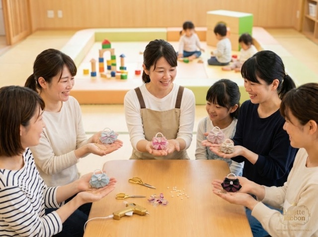 商業施設の大型イベントスペースで開催される、ララプランの親子リボンクラフトワークショップ風景。子供とママが笑顔で手のひらサイズのキラキラバッグチャーム（サック・ミニョン）を手作りしている様子。