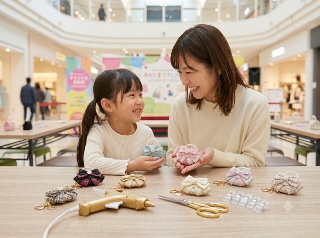 子育て支援センターや公民館で開催される、針と糸を使わない安心安全なリボンクラフトママ友教室の風景。主婦が笑顔で手の原寸サイズのリボンバッグチャームを広げて見せ合っている様子。