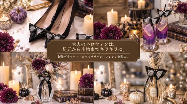 大人のハロウィンは、足元から小物までキラキラに。新作グリッター・コウモリリボン、アレンジ無限大。