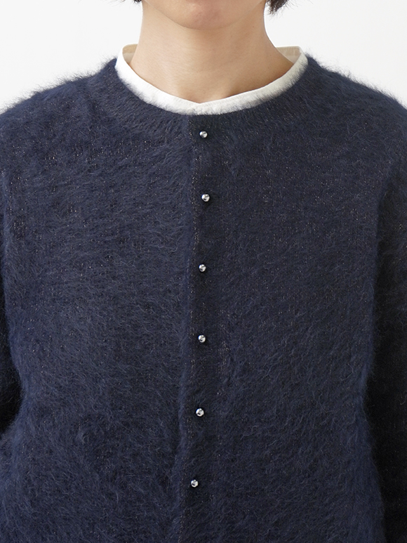 フォックスカシミヤラメクルー襟カーディガン