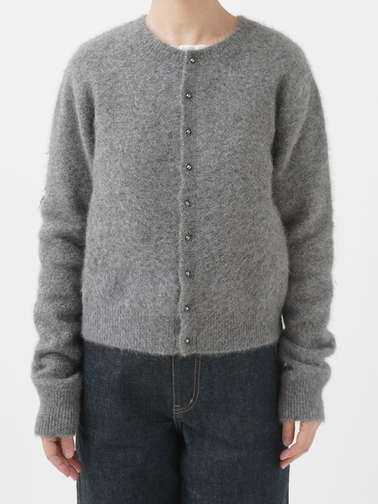 フォックスカシミヤラメクルー襟カーディガン