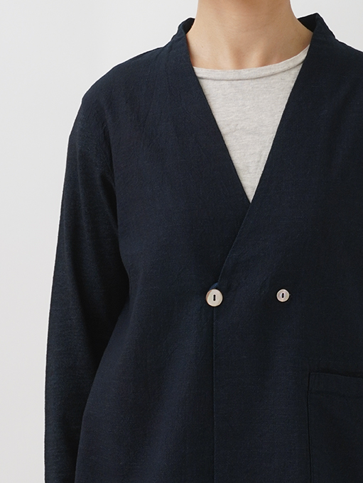 16／－インディゴ天竺×16／－インディゴガーゼ ボトル襟カーディガン