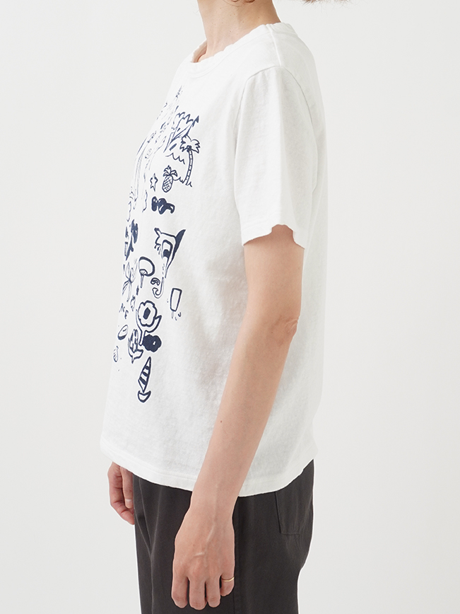 19／－ラフィ天竺 夏の吹寄せ柄プリントTシャツ