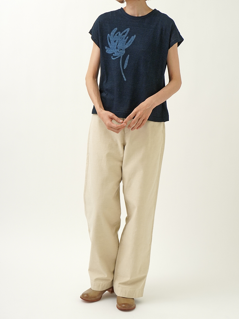 40／－インディゴガーゼ天竺 群菊柄抜染Tシャツ