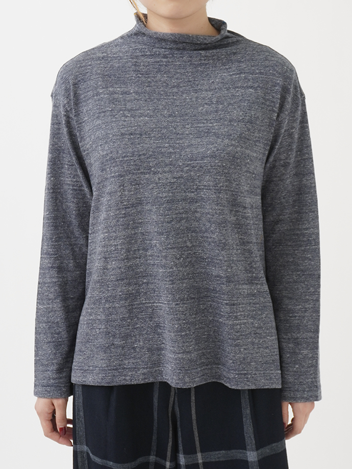 19／－ラフィウールガーゼ天竺 ボトル襟フレアプルオーバー