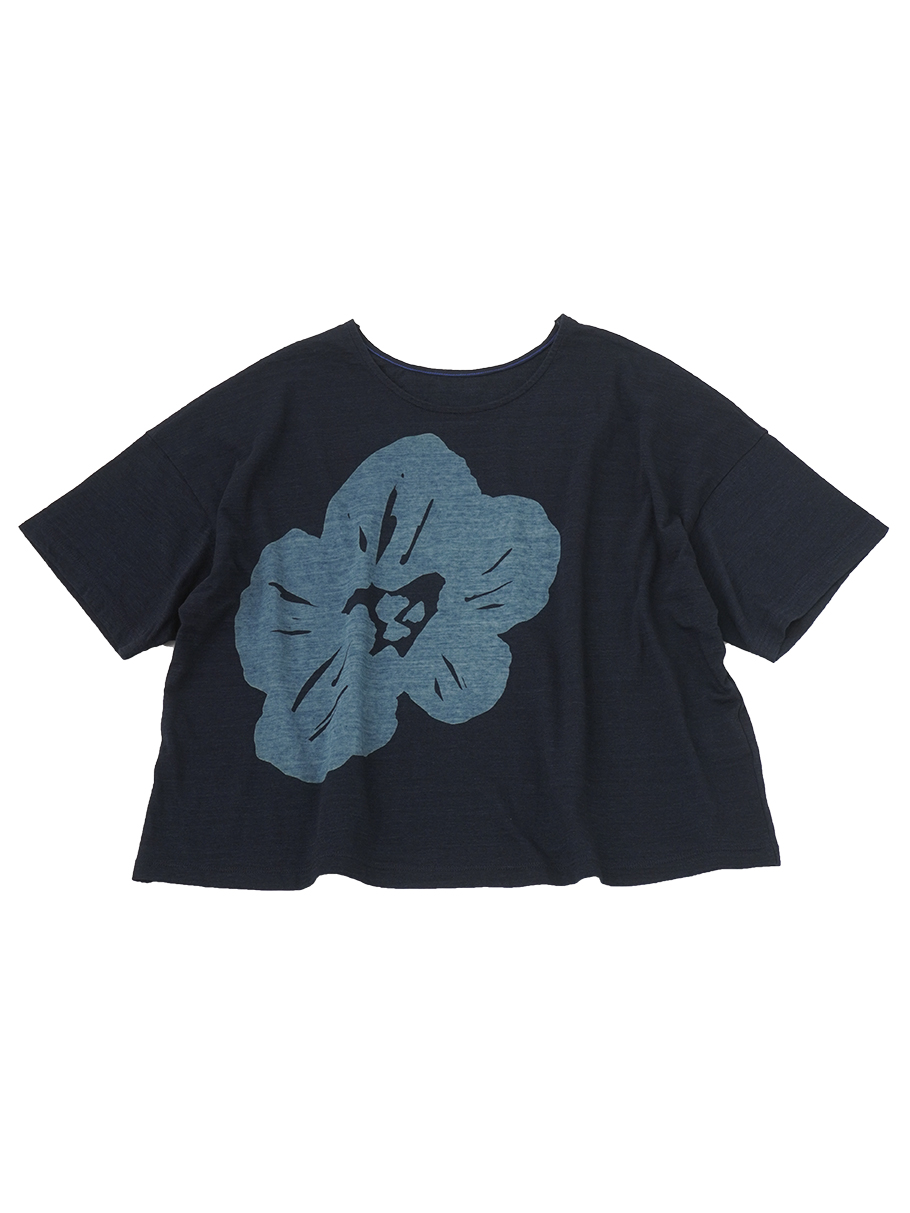 ４０／－インディゴ天竺　芙蓉柄抜染Ｔシャツ