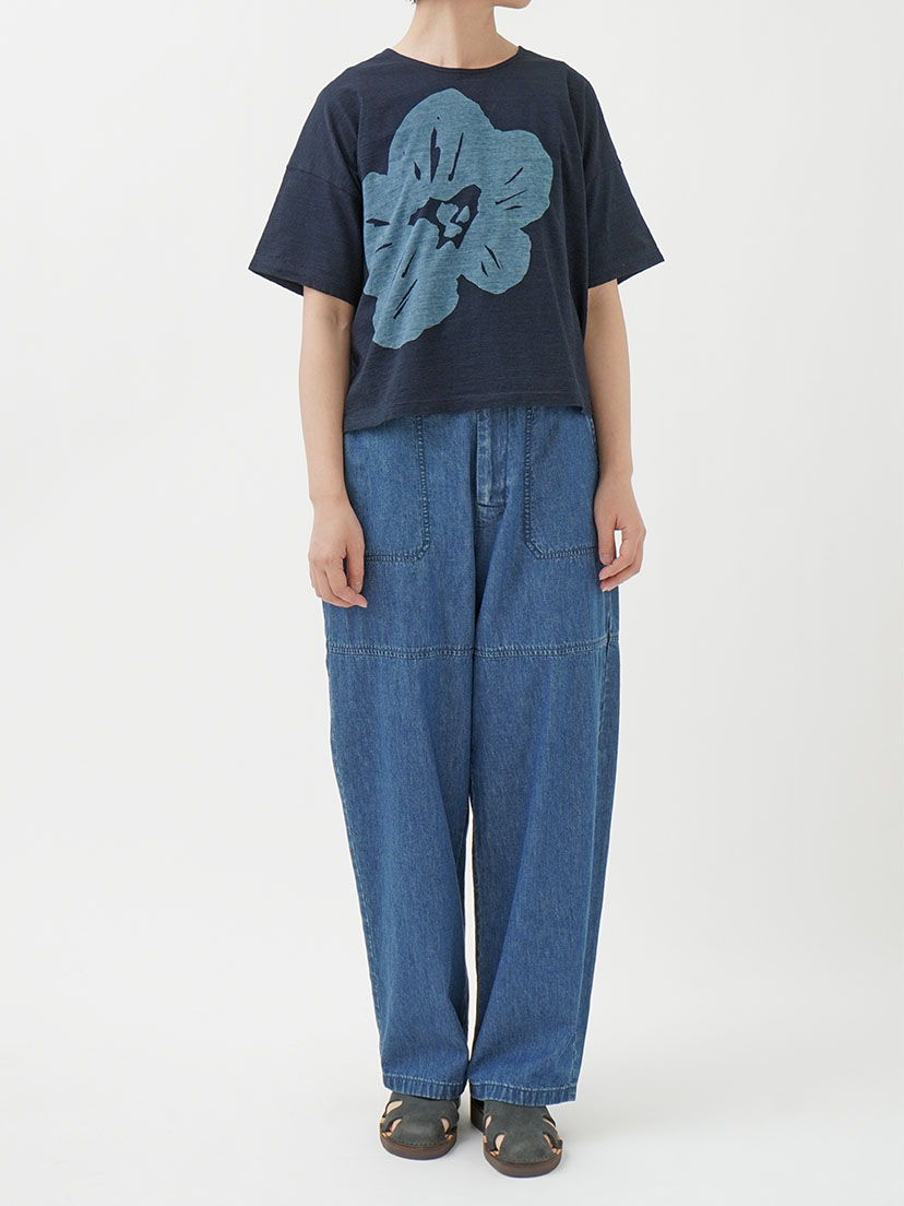 40／－インディゴ天竺 芙蓉柄抜染Tシャツ
