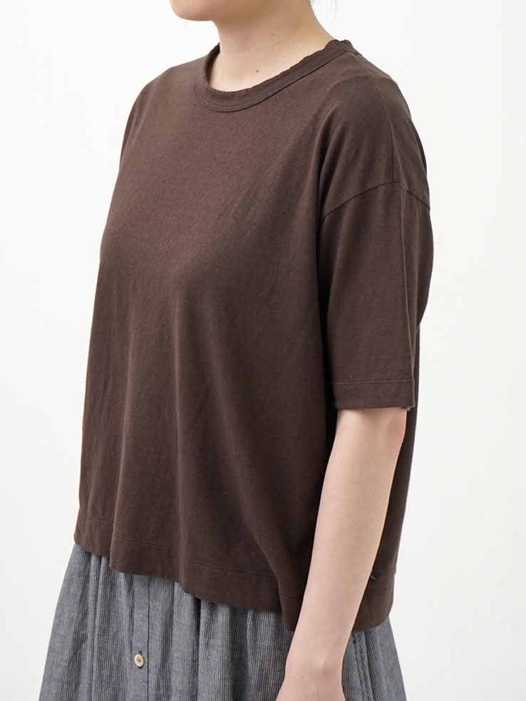 ブラウンパターン柄半袖カットソー 45R 30／－ラフィ天竺 製品染オーバーサイズTシャツ