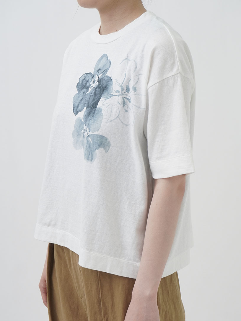 19／－ラフィ天竺 月見草柄プリントTシャツ