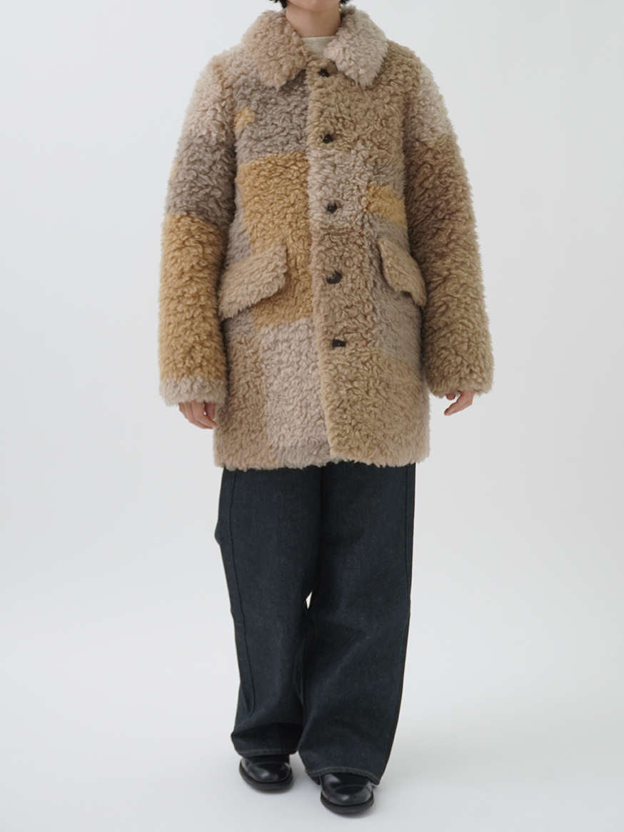 ウールボア ブロック柄 ワイド襟コート